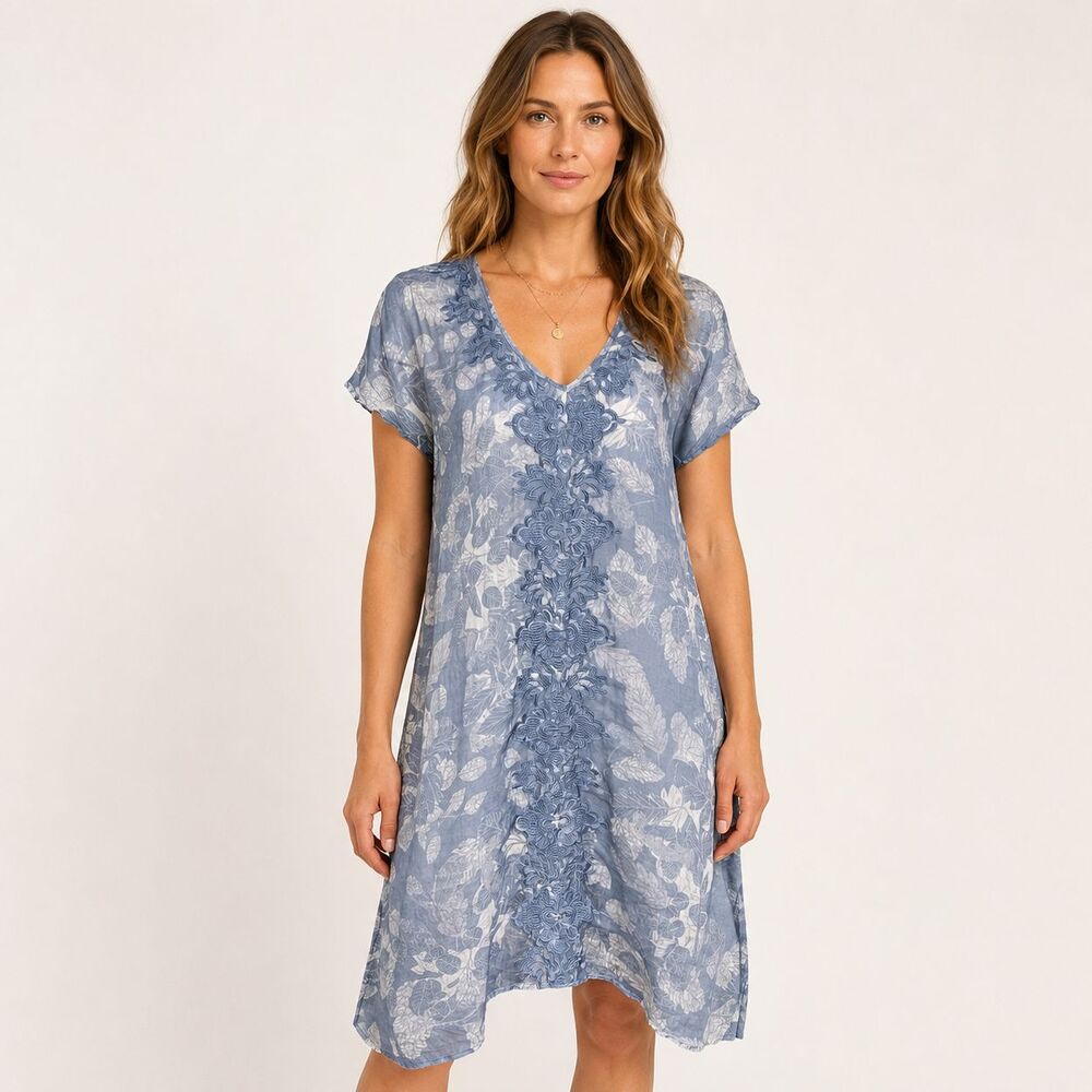 Johnny Was Blue Floral Ramie Embroidered Tunic Dress Small Boho Cottagecore